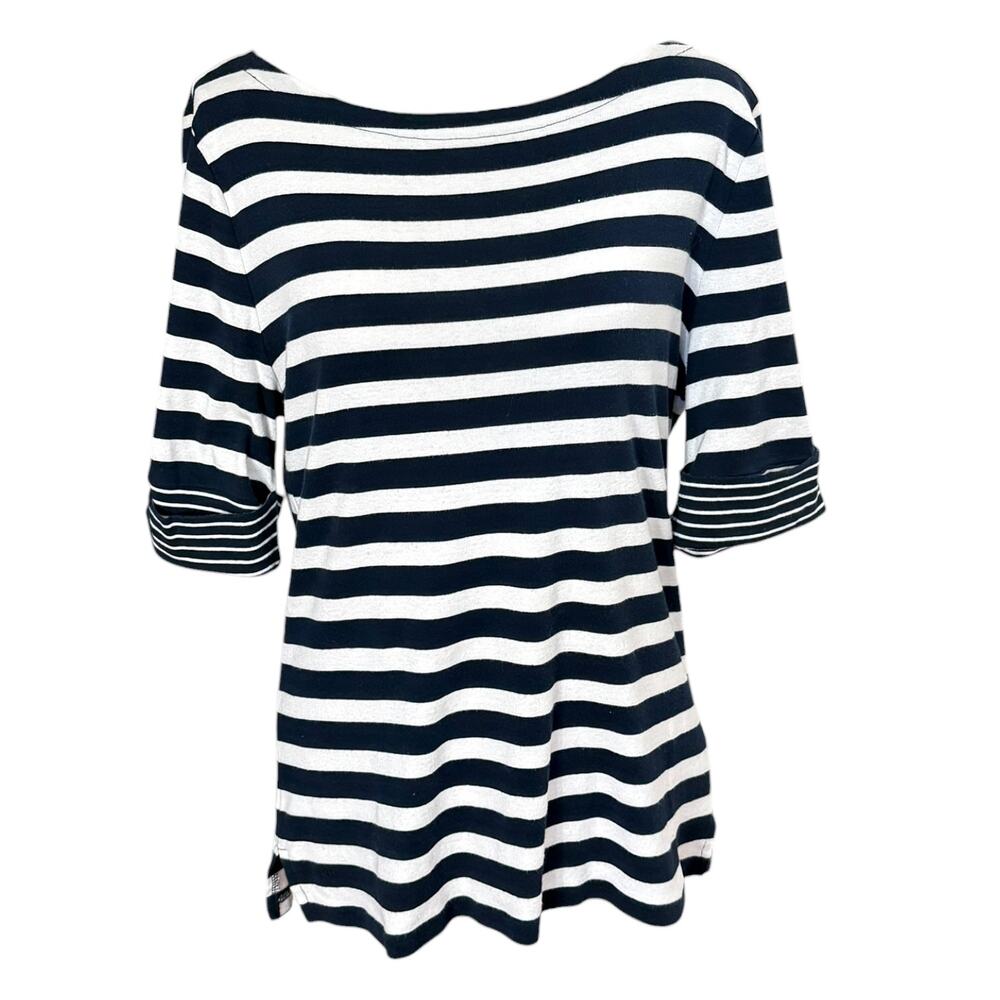 Lauren, Ralph XL Blue White Striped Boat Neck Elbow Sleeve Tee w/ Folded Sleeve